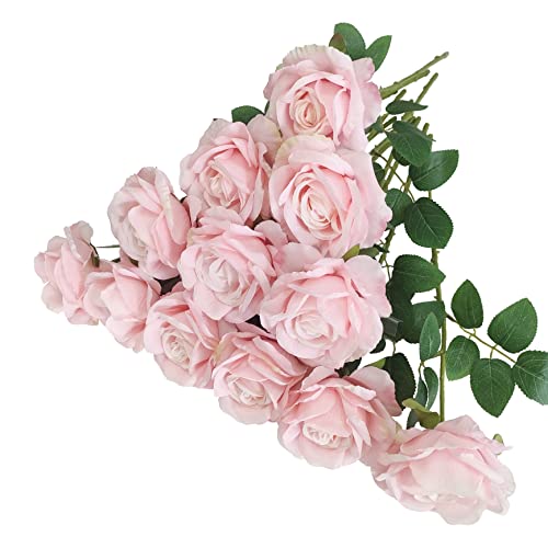 ATFL 12 Pcs Light Pink Roses Artificial Flowers, Faux Baby Pink Flowers Bulk,Floral Diameter 4'',Artificial Fake Silk Plas...