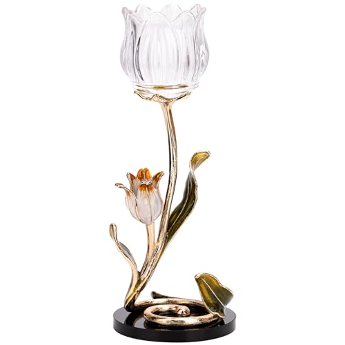 Luxury Crystal Base Glass Flower Candle Holder – Gold Plated Zinc Alloy with Enamel, Romantic Tea Light Holder, French Sty...