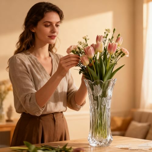 Dicunoy Set of 2 Glass Flower Vase, 9.5" Large Flower Vases for Centerpieces, Modern Clear Heavy Duty Crystal Tall Cylinde...