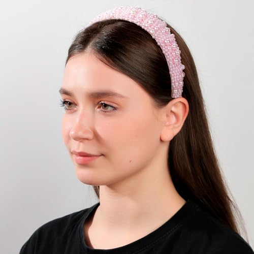 Lekgavd Pink Wide Headband for Women, Artificial Pearls Headband, France Vintage Beaded Hair Band for Women, Brides, Bride...