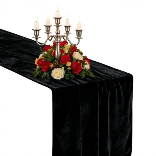 MANSPHIL Black Velvet Table Runners 36 Inches for Valentine's Day Casino Theme Party Gothic Wedding Decorations - Short Co...
