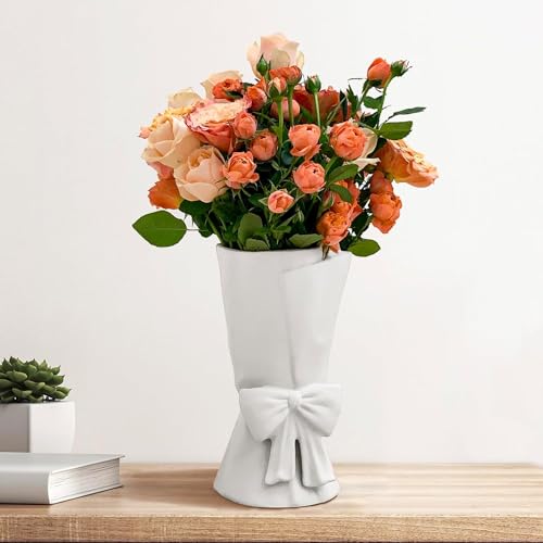 Relexome White Ceramic Bow Vase Unique Cute Decorative Bouquet Flower Vases 9.64 in Valentine's Day Decor Vase
