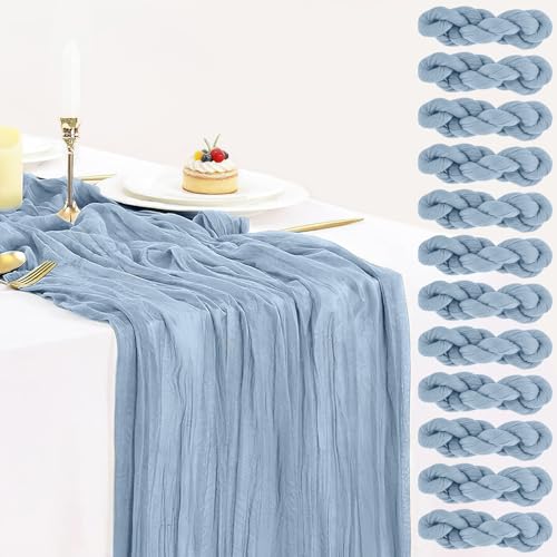 12 Pack Dusty Blue Cheesecloth Table Runners 35x120 Inch,10FT Boho Blue Gauze Table Runner Cheese Cloth Table Runner for W...