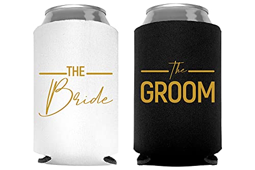 Bride and Groom Can Coolers - 1 White and 1 Black Beer Coolie, Perfect Wedding, Engagement, or Bridal Shower Gift