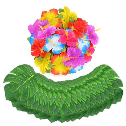 Oudome 60Pcs Hawaiian Flowers,Tropical Decor Tropical Flowers Include Hibiscus Flowers Artificial and Palm Leaves,Hawaiian...