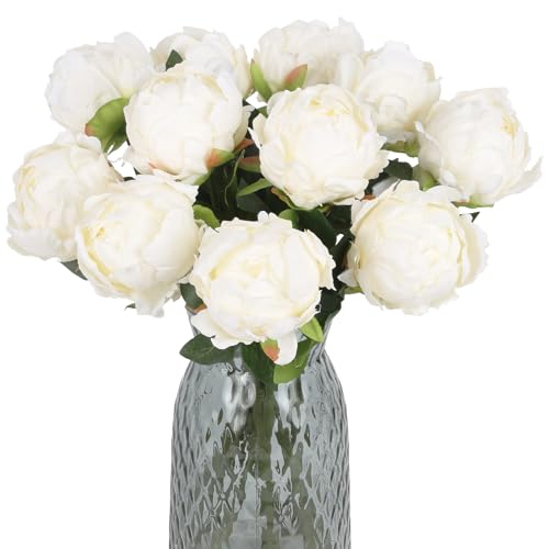 INSUNSIX 10pcs White Silk Peonies with Single Stem - Faux Flowers for Wedding Table Centerpieces, Home Decorations, Bridal...