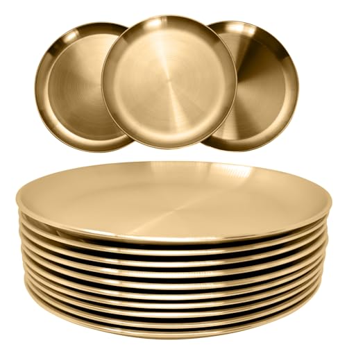 WANBY Stainless Steel Plates Gold Metal Dinner Plates Unbreakable Dinner Dishes Set for Kitchen Home Camping Outdoor Party...