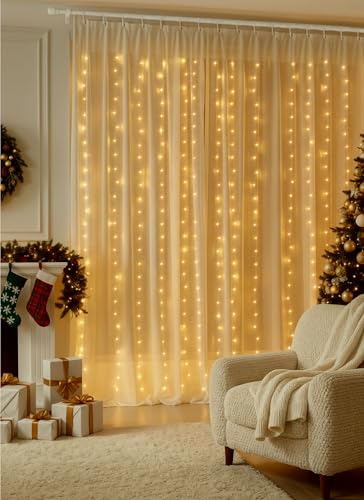 Brightown 300 LED Curtain Lights, 9.8 FT Plug in Fairy Lights for Bedroom, 8 Lighting Modes, Christmas Hanging Lights for ...