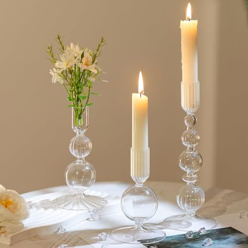 Hewory Glass Candlestick Holders Set: 3PCS Clear Candle Holder Taper Candle Holders Bulk, Crystal Ribbed Candle Sticks Hol...