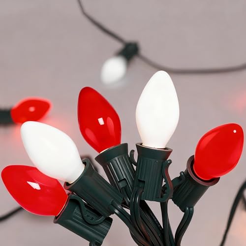 Doratale C7 LED Christmas Lights Outdoor, 25Ft Christmas Red White String Lights with 27 Ceramic LED Bulbs(2 Spare), Conne...