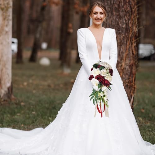 ChezMax Wedding Bridal Bouquet, Bride Artificial Rose Flowers with Ribbons, Bridesmaid Fake Flower Bunch 11.8 Inch, Tossin...