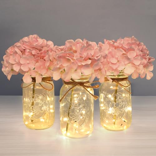 Set of 3 Mason Jar with Lights Blush Hydrangea Decorative Jars Flower Vase Farmhouse Table Centerpiece for Home Wedding Ev...