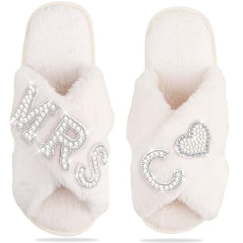 Bride Slippers for Wedding Day, Bride To Be Bridal Shower Gift for Women Bridesmaids, Personalized Initial MRS Pearl Lette...