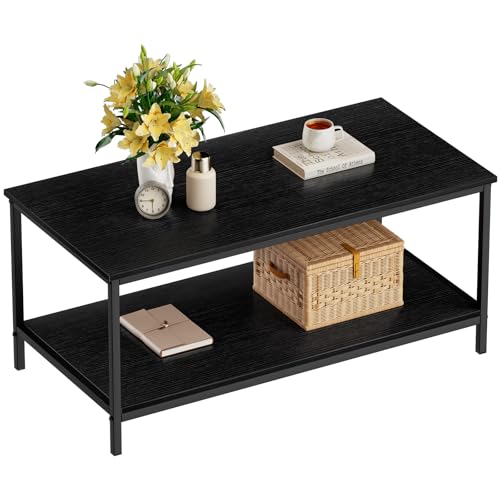 SAYGOER Black Coffee Table for Living Room Modern Rectangle 2-Tier Coffee Tables with Storage Industrial Wood Center Table...
