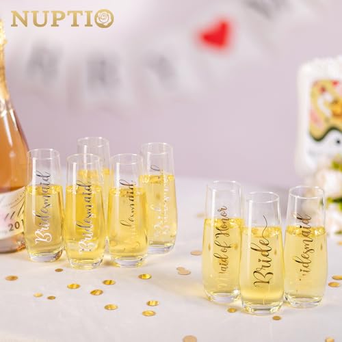 NUPTIO Champagne Glasses Bridal Shower Gift: Set of 8 Stemless Party Prosecco Flutes Tumbler Bride Bridesmaid Maid of Hono...