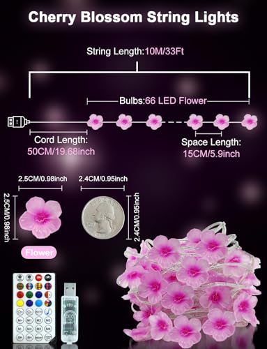 echosari Cherry Blossom Flower String Lights, 33ft 16 Million Color Chaning Fairy Lights Plug in APP & Remote Control DIY ...