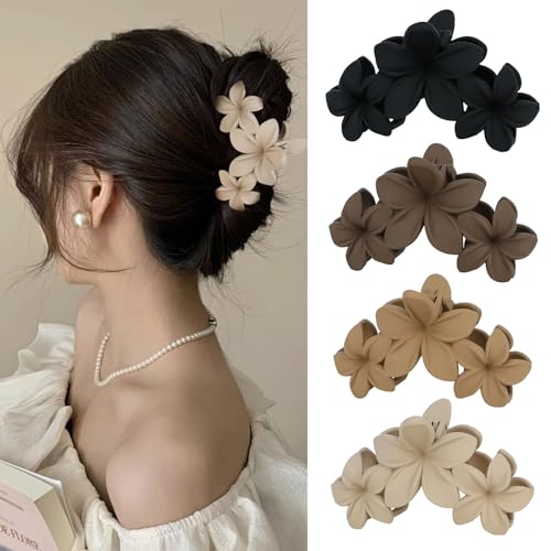 ANBALA 4PCS Hawaiian Plumeria Flower Hair Clips - Large Non-Slip Matte Claw Clips for Women, Strong Hold Beach Hair Access...