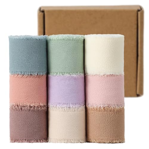 1" x 27 Yd Chiffon Ribbon Mixed Color Ribbons Set 9 Rolls Handmade Fringe Fabric for Wedding Invitations Bridal Bouquets D...