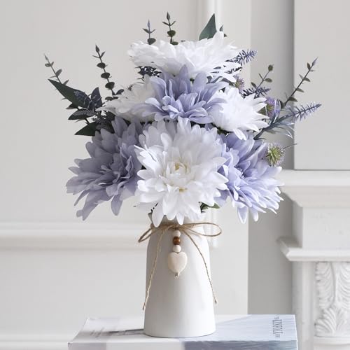 16" Artificial Flowers with Eucalyptus Stems and Greenery, Faux Dahlia Flower Arrangement in White Ceramic Vase with Heart...