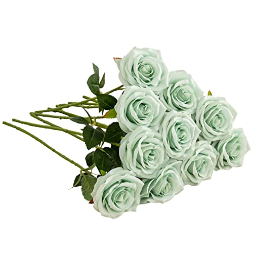 IUKnot Artificial Rose 10pcs Open Flower Bouquet Sage Green Faux Rose Stems for Wedding Arrangement, Bridal Bouquet, Cente...