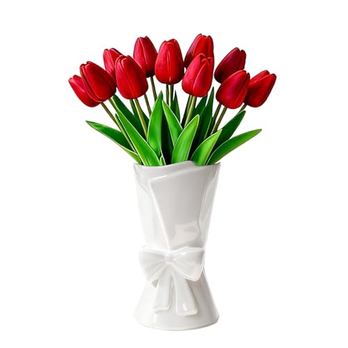 Relexome Fully Glazed White Ceramic Bow Vase 9.64 in Unique Cute Modern Decorative Bouquet Flower Vases for Home Living Ro...