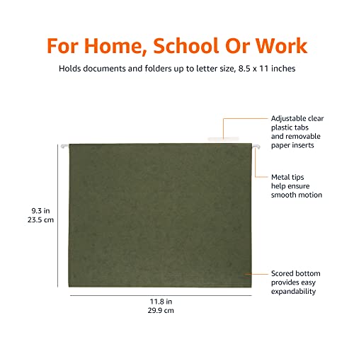 Amazon Basics Hanging Organizer File Folders for Efficient Filing, Sturdy, Adjustable Tabs, Letter Size, Pack of 25, Green