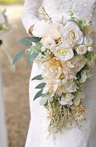Ansofi Cascading Bouquets for Bride Beige Rose Artificial Bridal Bouquet for Boho Rustic Wedding Ceremony Anniversary