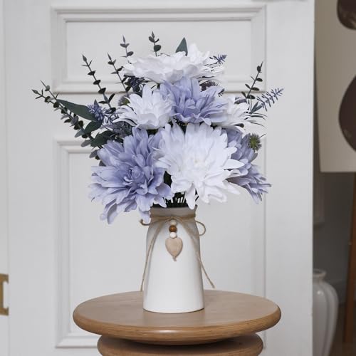 16" Artificial Flowers with Eucalyptus Stems and Greenery, Faux Dahlia Flower Arrangement in White Ceramic Vase with Heart...