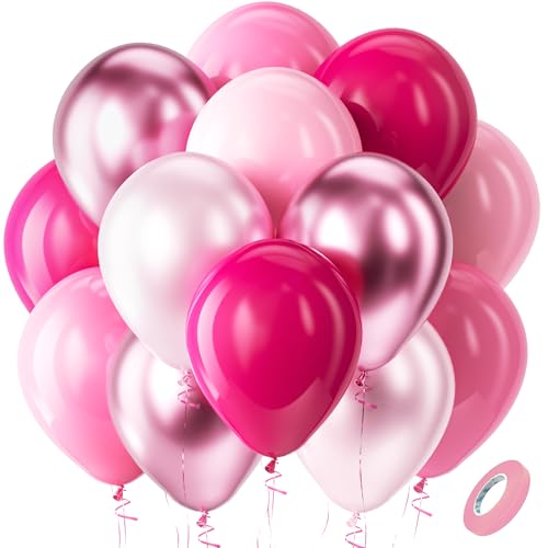 Bezente Pink Balloons Set,60pcs 12 inch Metallic Pearl Pink, Hot & Pastel Pink Latex Balloons Kit for Birthday,Wedding,Bab...