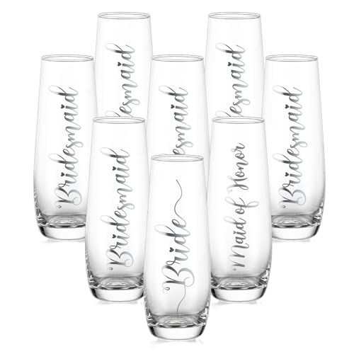NUPTIO Champagne Glasses Bridal Shower Gift: Set of 8 Stemless Party Prosecco Flutes Tumbler Bride Bridesmaid Maid of Hono...