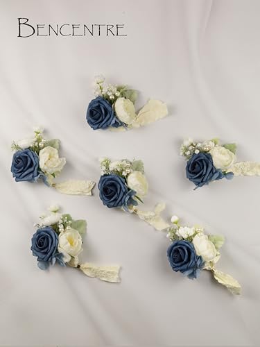 BENCENTRE Dusty Blue Corsages for Wedding(Set of 6),Corsages for Prom,Party Prom Hand Flower Decor,Mother of The Bride Cor...