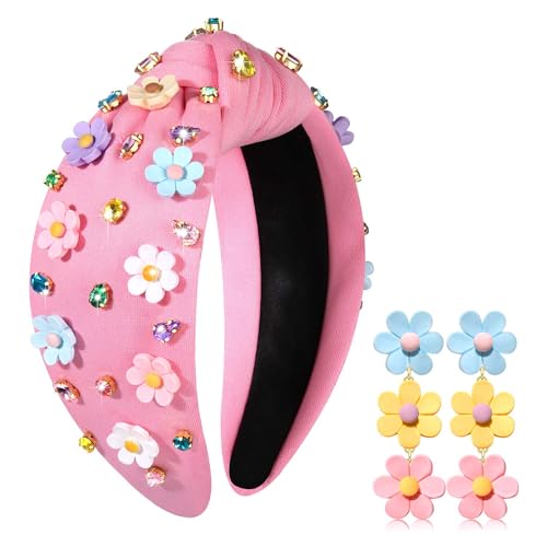 PHALIN Floral Headband for Women Summer Headband Daisy Flower Knotted Headbands Embellished Jeweled Rhinestone Headbands S...