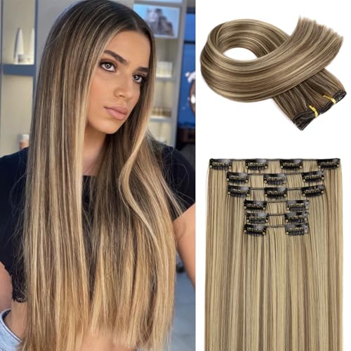 FLUFYMOOZ 6PC Clip in Hair Extensions 24" Straight Long Extensions for Women Synthetic Hairpiece (Brown with Blonde Highli...