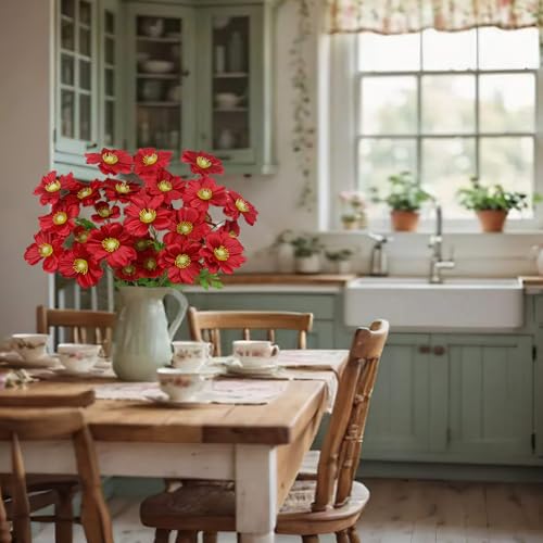 GhuaH 5 Pcs Artificial Flowers with Stems Faux Daisy Flowers Bouquet Red Gardenia Silk Flowers for Home Decor Indoor Vase ...