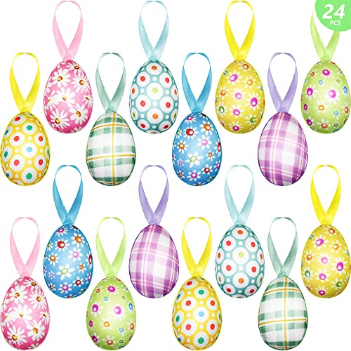 24 PCS Easter Eggs Hanging Ornaments, Buffalo Plaid Dots Easter Hanging Eggs Decorations, Colorful Decorative Baubles Orna...