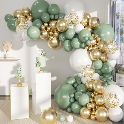 MEBAY Sage Green White Gold Balloon Garland Arch Kit, 146Pcs Latex Balloons Different Sizes 18 12 10 5 Inch for Birthday B...