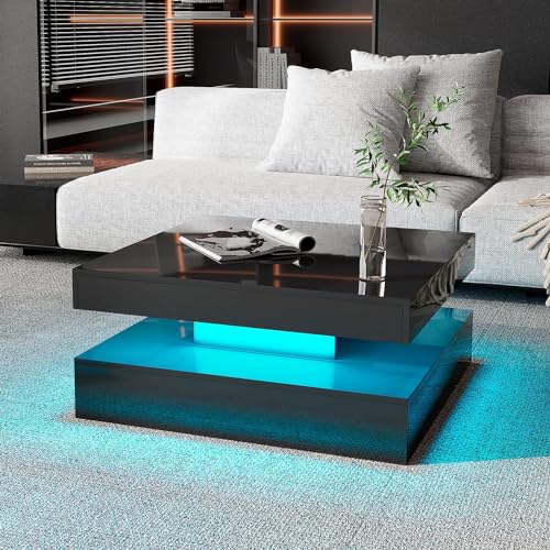 HedoAjim Black LED Coffee Table for Living Room, Living Room Table 2-Tier Square Center Tables, Wood Coffee Tables with St...