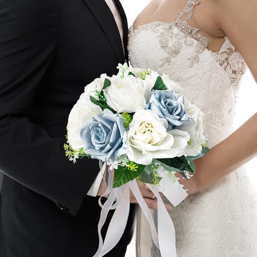 Qeedy Wedding Bouquets for Bride & Bridesmaid - Realistic Silk Flowers Artificial Roses, 8 Inch Bridesmaid Bouquet for Cer...