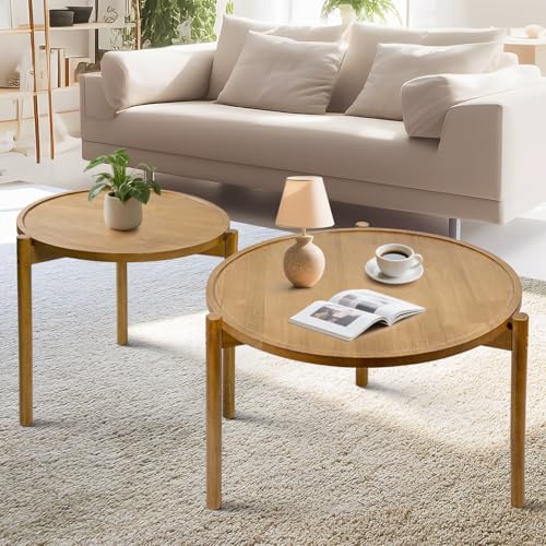 Wooden Round Nesting Coffee Tables Set of 2,Round End Table,Small Nesting Tables,Side Table,for for Living Room Bedroom Ba...