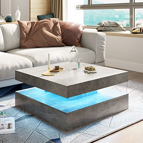 HedoAjim Grey LED Coffee Table for Living Room, Living Room Table 2-Tier Square Middle Center Table, Modern Coffee Tables ...