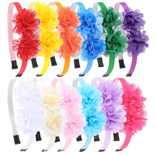 WJYX BOWS 12pcs/set Decorative Floral Headbands Rainbow and Pastel Colors Double Chiffon Flowers Hairband Sweet and Elegan...