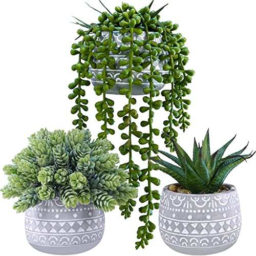 Winlyn 3 Pcs Assorted Small Potted Succulent Plants Artificial Aloe Hops String of Pearls Succulents in Gray Geometric Con...