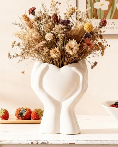 A Heart Held in Two Hands White Vases for Flowers - Cute Modern Small Ceramic Flower Vase for Pampas Grass - Decorative Ta...