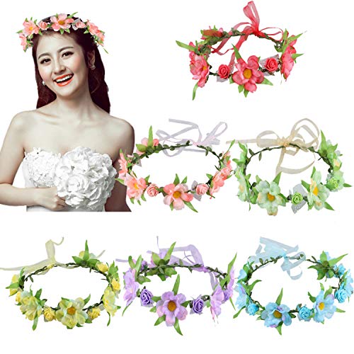 6Pcs Adjustable Boho Flower Crowns with Elastic Ribbon Floral Headbands Garland Bridal Bridesmaid Women Girls Teens Kids H...