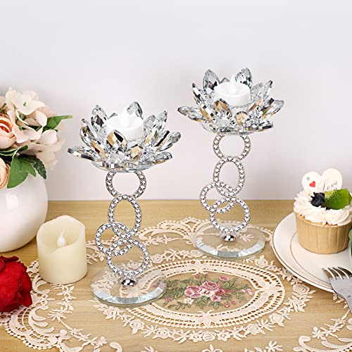 OwnMy Set of 2 Crystal Lotus Flower Candle Holders Metal Glass Lotus Pillar Candlestick Holders, Silver Crystal Lotus Teal...
