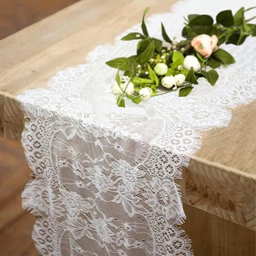 2 Pcs White Lace Table Runners 14 x 120 Inch Vintage Table Runner for Wedding Bridal Shower Table Decoration Rustic Rose E...