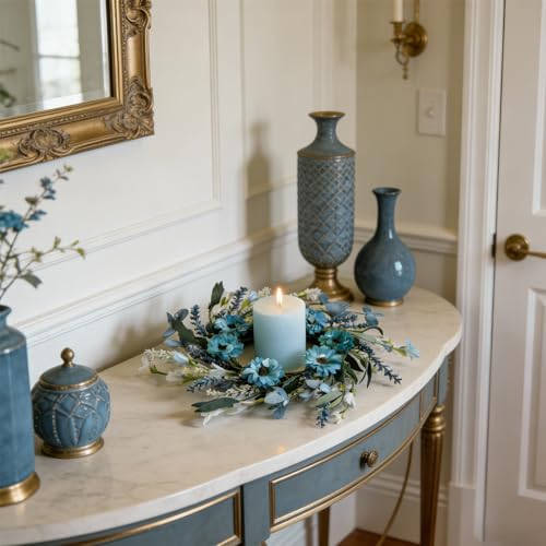 6 Pcs Small Blue Daisy Flower Candle Rings Wreaths Mini Pillar Candle Holder Wreath with White Floral Eucalyptus Leaves La...