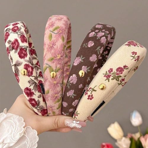 AIBFRID 4-Pack Trendy Vintage Floral Headbands for Women, Wide Soft Padded Boho Hair Bands, Retro Style Hair Accessories f...