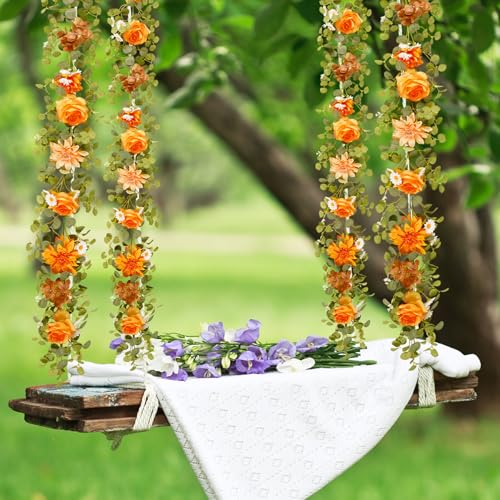 1 Pack Orange Flower Garland Decorations,6.07Ft Artificial Eucalyptus Garlands with Silk Rose Hydrangea Flower Vines Hangi...