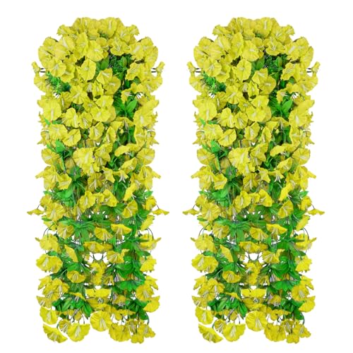 Elecxlink 2PCS Artificial Hanging Flowers, UV Resistant Fake Plastic Faux Hanging Plants Morning Glory Vines for Indoor Ou...